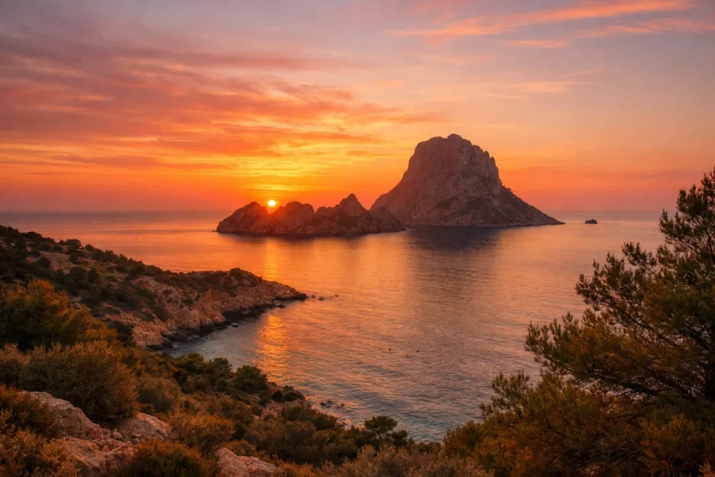 Paisaje rural de Ibiza con campos de olivos y casas tradicionales blancas
