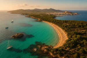 Vista aérea panorámica de Ibiza mostrando playas y costa mediterránea