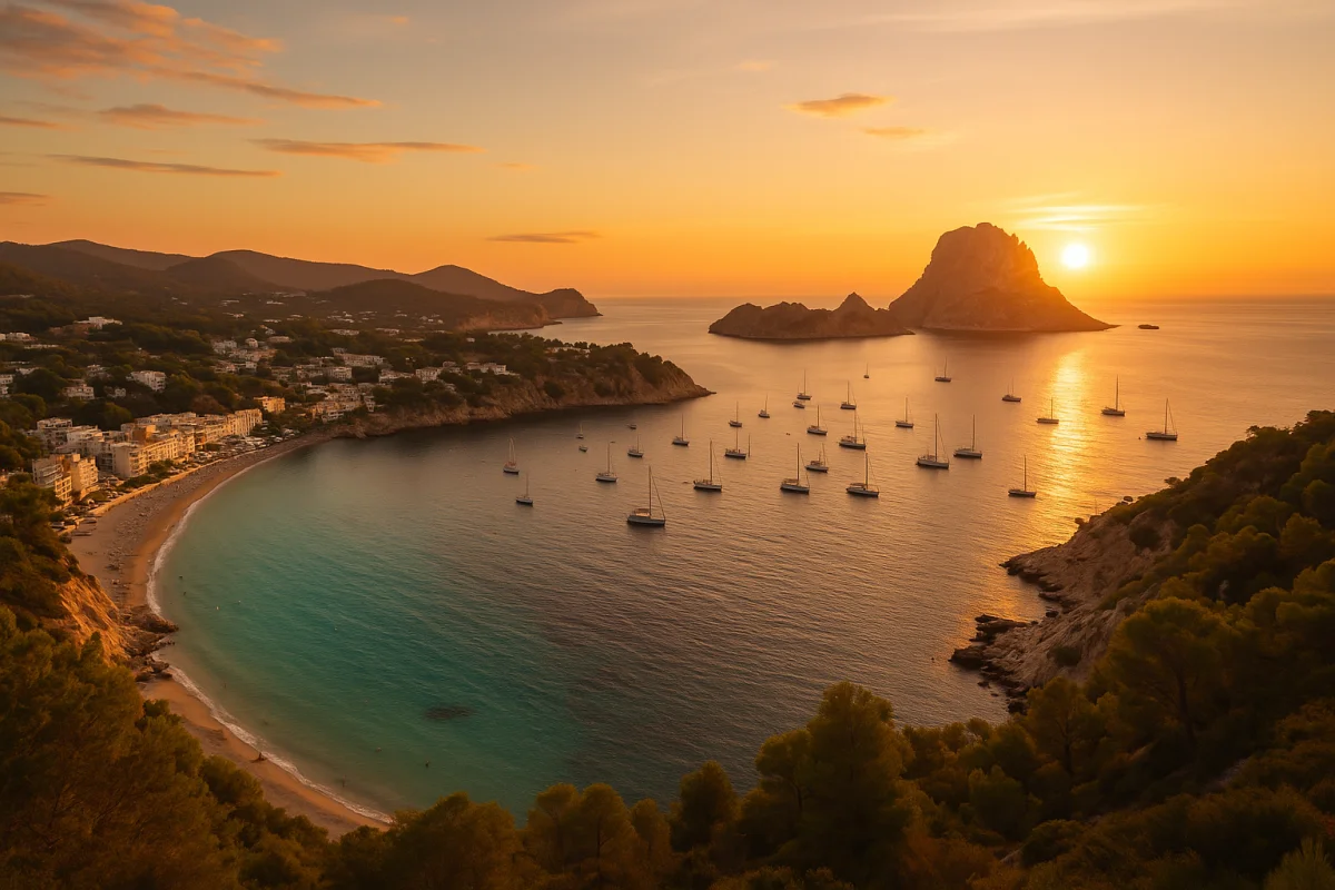 Luftaufnahme von Ibiza mit paradiesischen Stränden und türkisfarbenem Wasser