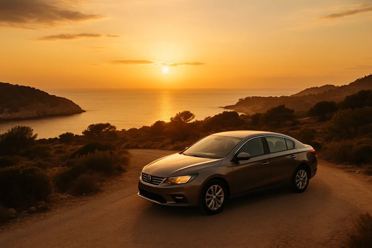 Mietwagen geparkt an einem malerischen Aussichtspunkt auf Ibiza