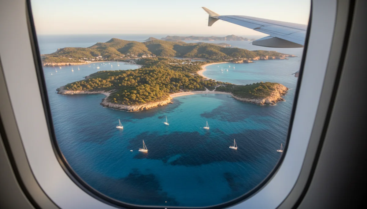 Vista desde ventanilla de avión aproximándose a Ibiza con mar turquesa y veleros