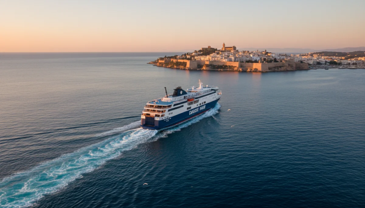 Ferry navegando hacia el puerto de Ibiza con Dalt Vila iluminada por el atardecer