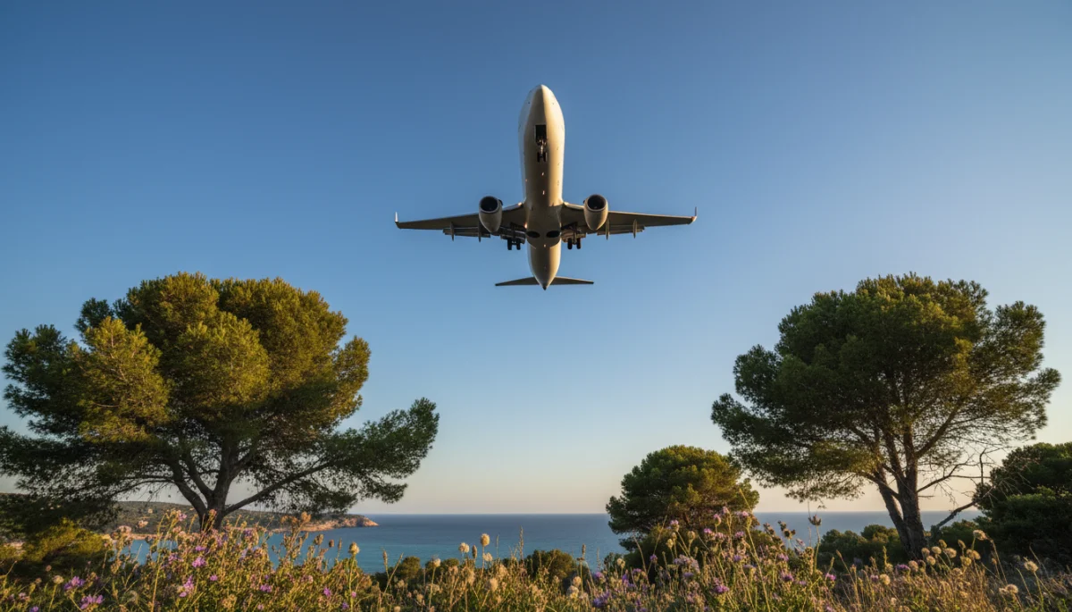 Avión aproximándose a Ibiza visto desde tierra entre pinos y vegetación mediterránea