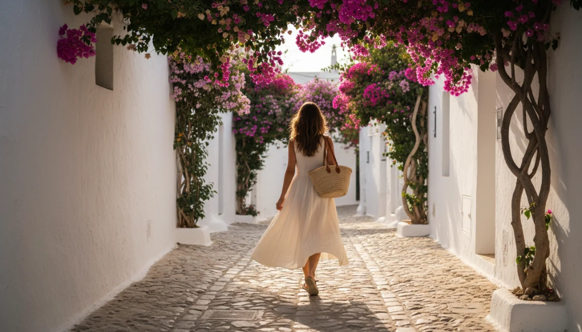 Mujer con vestido de lino caminando por callejón con buganvillas en pueblo de Ibiza