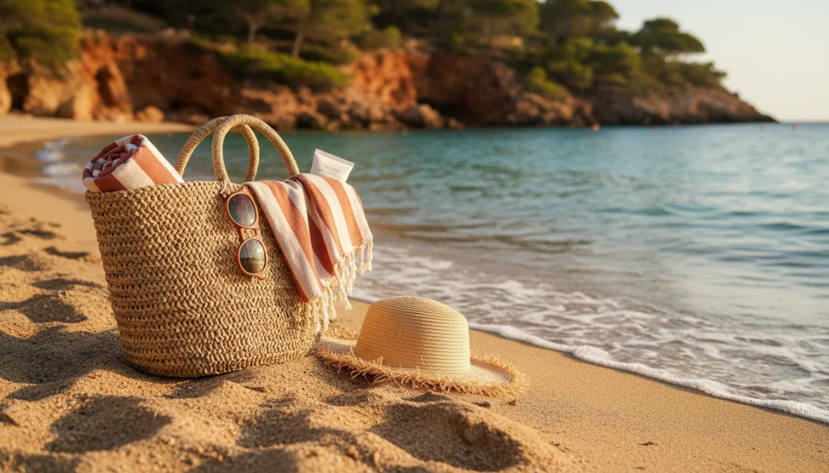 Bolsa de playa con accesorios de verano en arena dorada de cala ibicenca