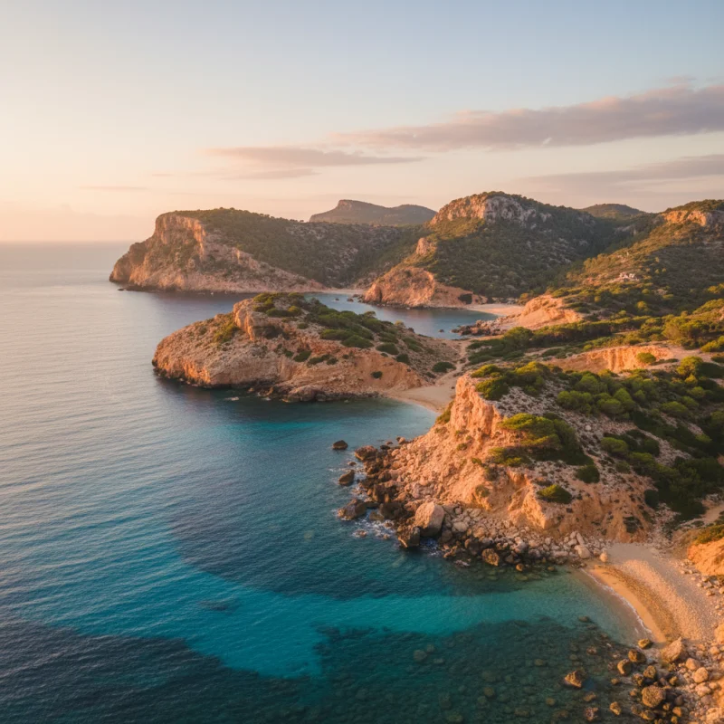 Costa norte de Ibiza al atardecer con mar cristalino