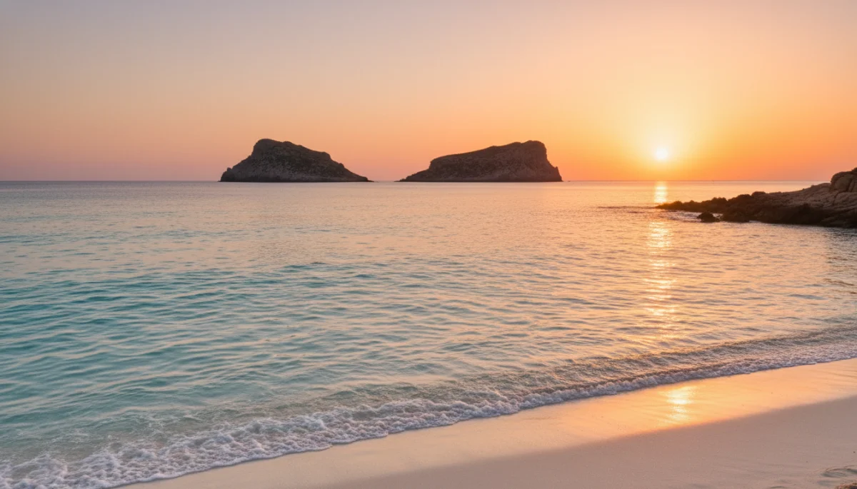 Sonnenuntergang am Strand Cala Comte mit den Inselchen im Hintergrund