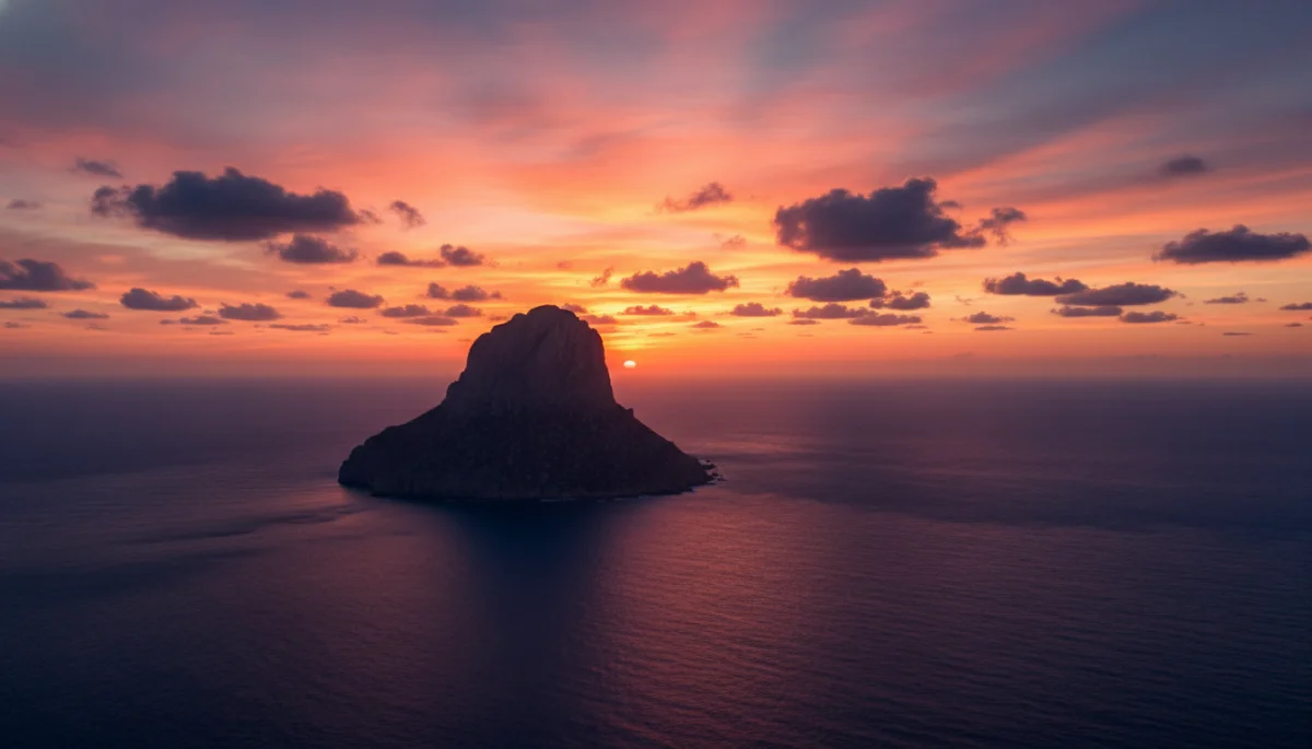 Es Vedrà at sunset seen from the Savinar viewpoint with an orange and violet sky