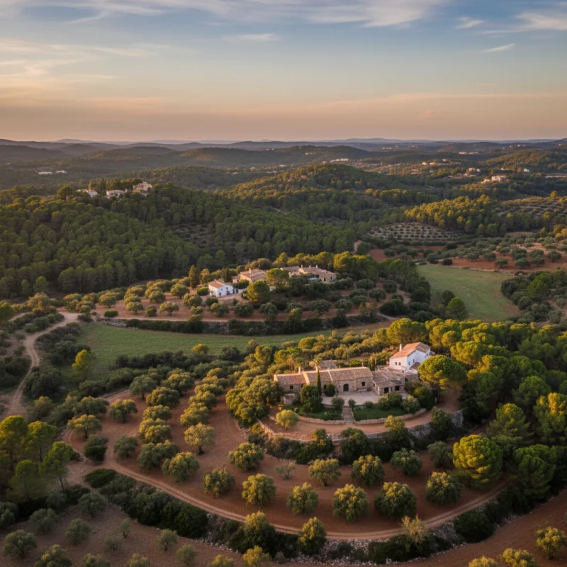Panorama de senderos en el norte de Ibiza entre bosques de pinos y campos de algarrobo, evocando belleza y serenidad