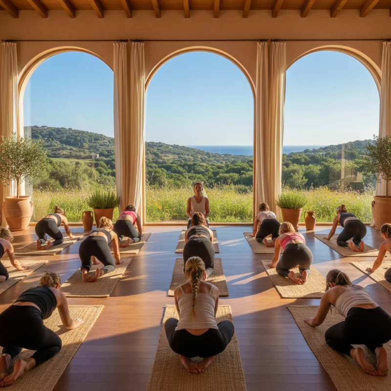 Clase de yoga en una villa rural de Ibiza con grandes ventanales y vistas al campo y al mar