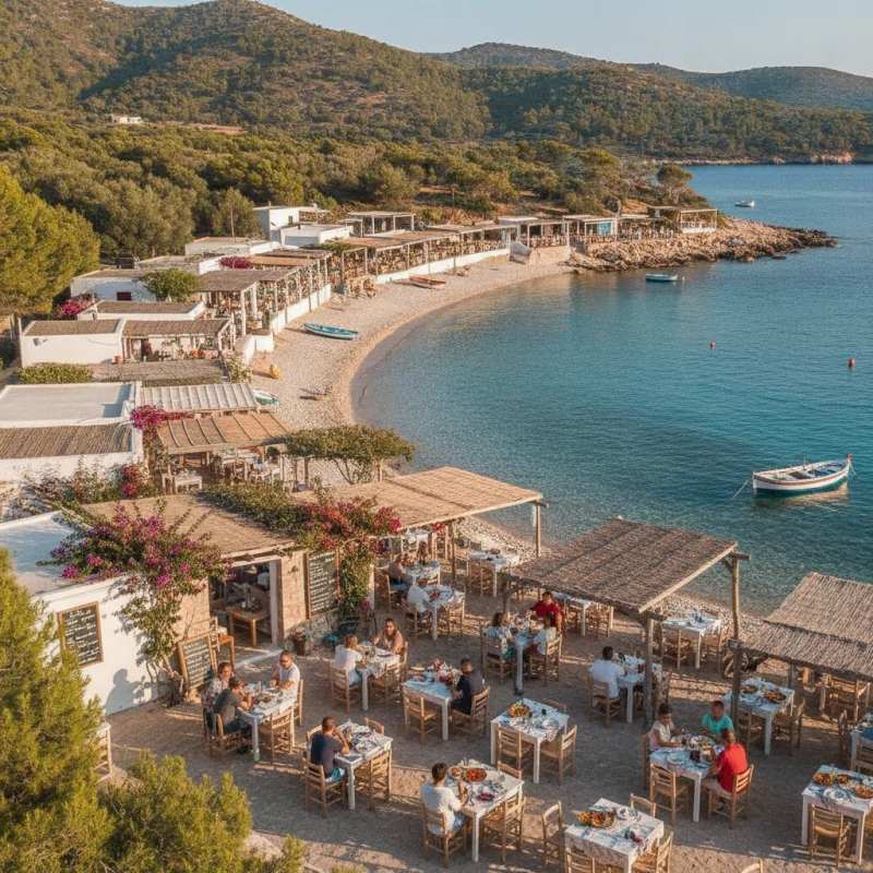 Restaurante junto al mar en una cala de Ibiza con mesas en la terraza