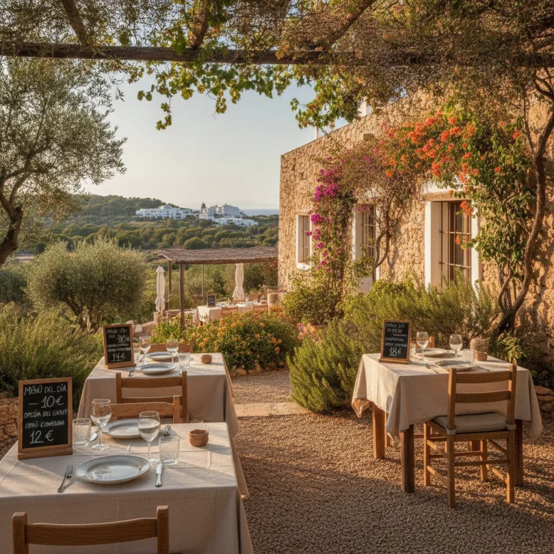 Restaurante rural en el interior de Ibiza con mesas puestas en el jardín