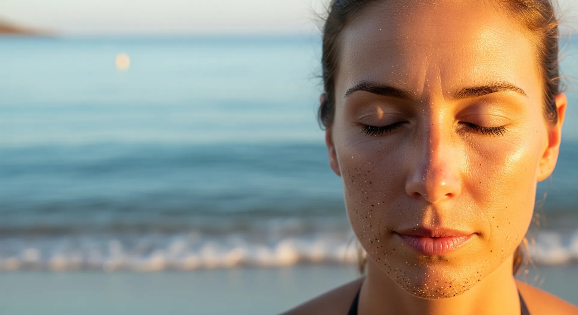 Mujer meditando en una playa de Ibiza al amanecer, primer plano de su rostro en calma