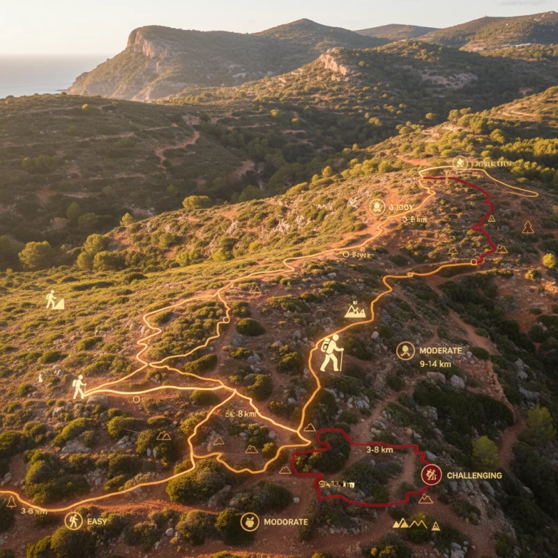 Grupo de excursionistas sonrientes guiados por un local en un paisaje natural de Ibiza bajo luz cálida y natural