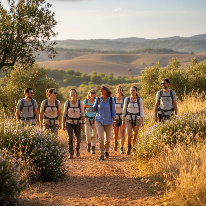 Grupo de excursionistas sonrientes guiados por un local en un paisaje natural de Ibiza bajo luz cálida y natural