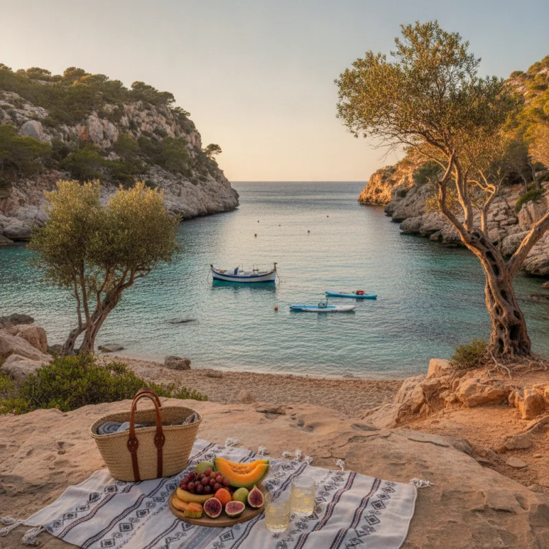 Escena serena de un paisaje natural en Ibiza con luz cálida y enfoque en la belleza del entorno sin edificaciones
