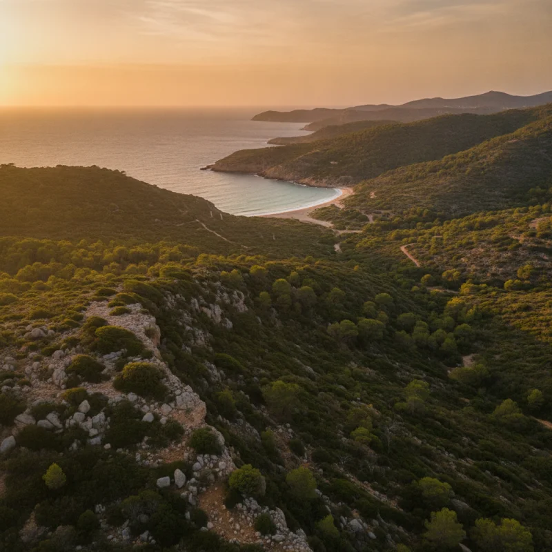 Escena atmosférica en Ibiza con luz suave del atardecer y paisajes naturales sin edificaciones visibles