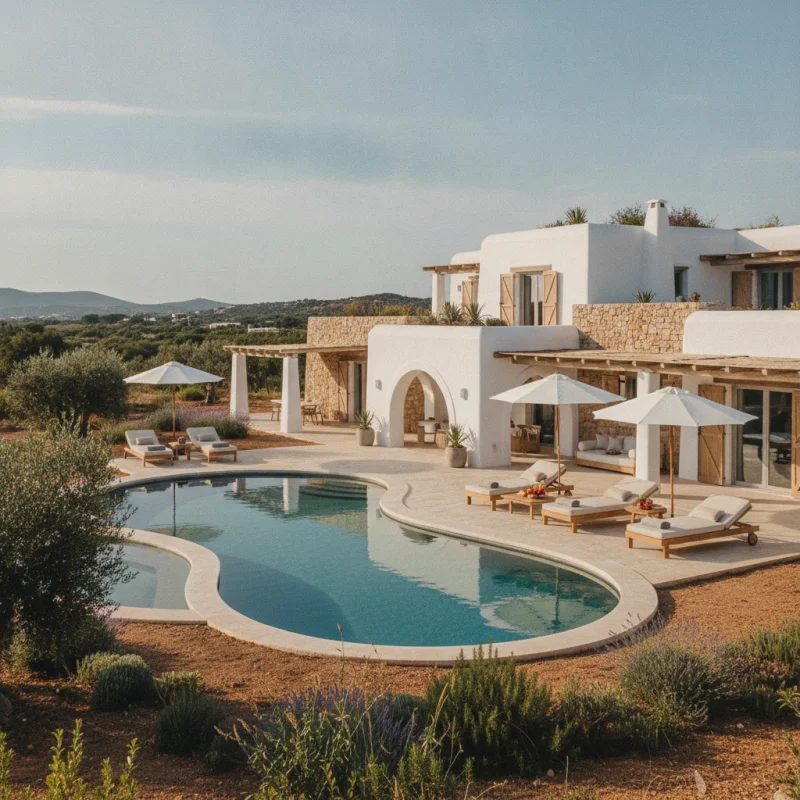 Vista de una villa rural en Ibiza con hermosa piscina privada, rodeada de sunbeds elegantes y un ambiente acogedor