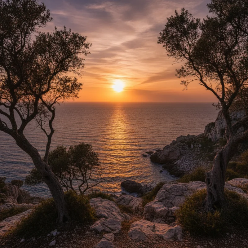 Puesta de sol sobre aguas tranquilas con silueta de una villa, reflejando tonos cálidos y un ambiente de serenidad